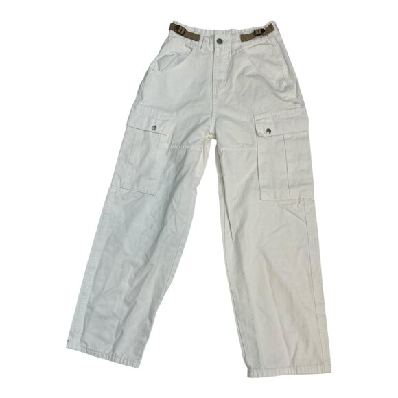 None Pants - Women's Cargo Wide Leg 100% Cotton Pants Off White Size 26 Preppy Y2k Baggy